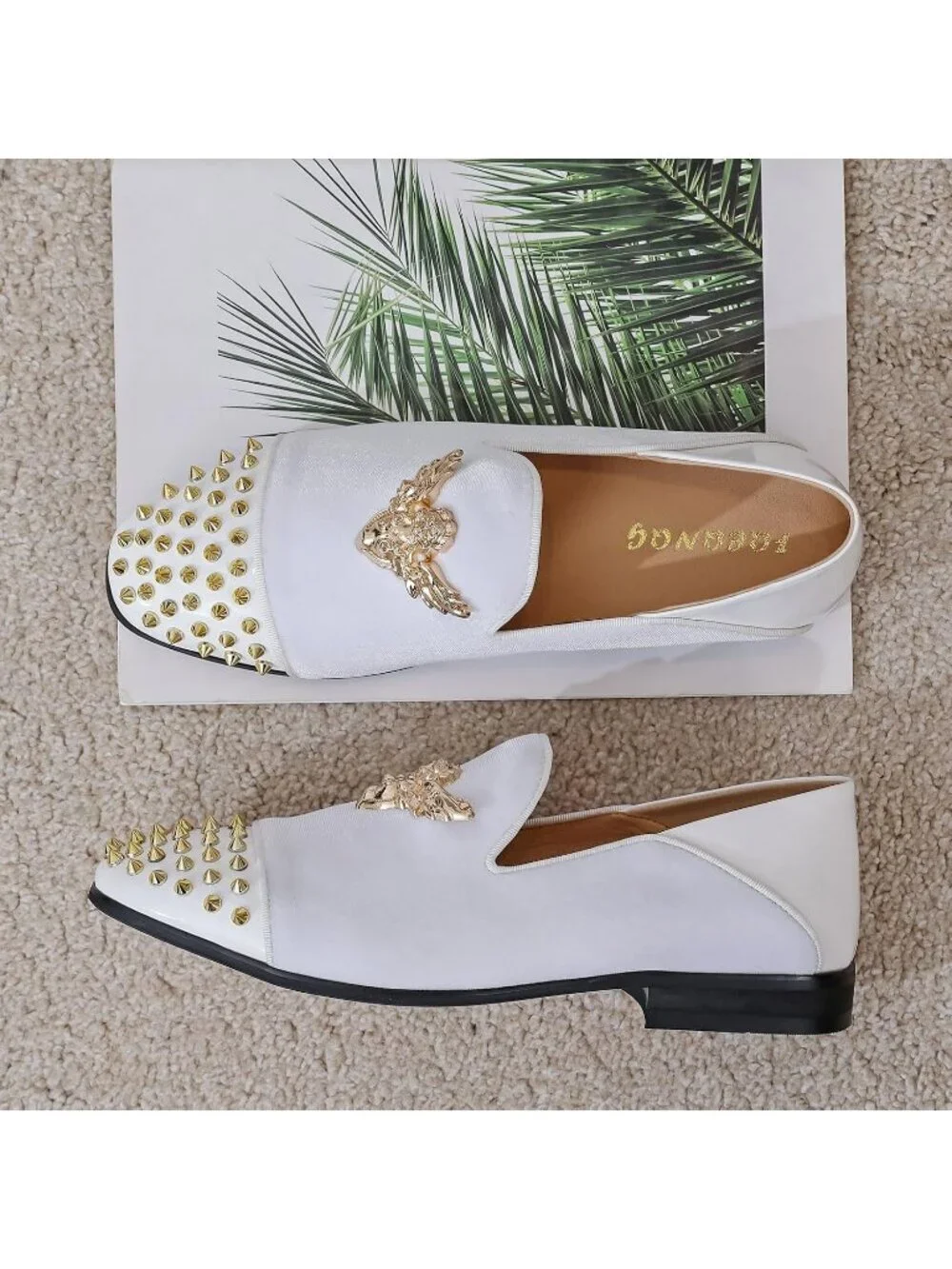 FQEQNQG Men's White Velvet Loafers Metal Buckle Shiny Slip On Classic Shoes